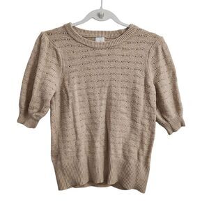 JOIE Sweater Womens Small Tan Pointelle Knit Short‎ Puff Sleeve Pullover Stretch